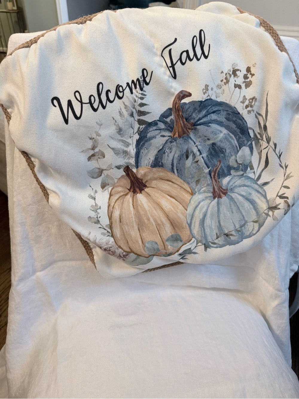 Welcome Fall Pumpkin Throw Pillow Cover - Neutral Blue & Tan